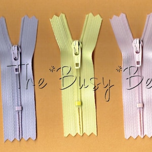 Five Nylon YKK Doll Zippers (2") Pink, Yellow, Baby Blue, Lilac, Mint *Pastel Colors*