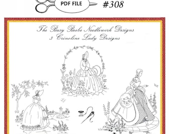 3 Crinoline Ladies Lady Garden Gal Belle Embroidery Designs #308 - PDF Instant Download