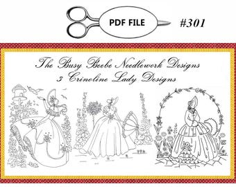 3 diseños de bordado de crinolina para damas Lady Garden Gal Belle n.° 301: descarga instantánea en PDF