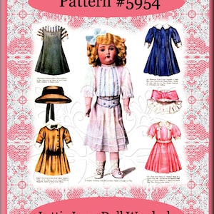 May include: A vintage paper doll pattern for a Lettie Lane doll wardrobe. The pattern includes a variety of outfits, including a blue dress, a pink dress, a yellow dress, and a white dress. The pattern also includes a hat and a pair of shoes. The pattern is labeled "Pattern #5954".