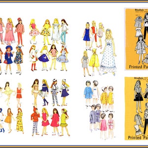 May include: A vintage sewing pattern for making doll clothes. The pattern includes instructions and templates for making a variety of outfits, including dresses, skirts, pants, and jackets. The pattern is printed on paper and features illustrations of the finished garments.