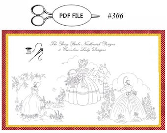 3 Crinoline Ladies Lady Garden Gal Belle Embroidery Designs #306 - PDF Instant Download