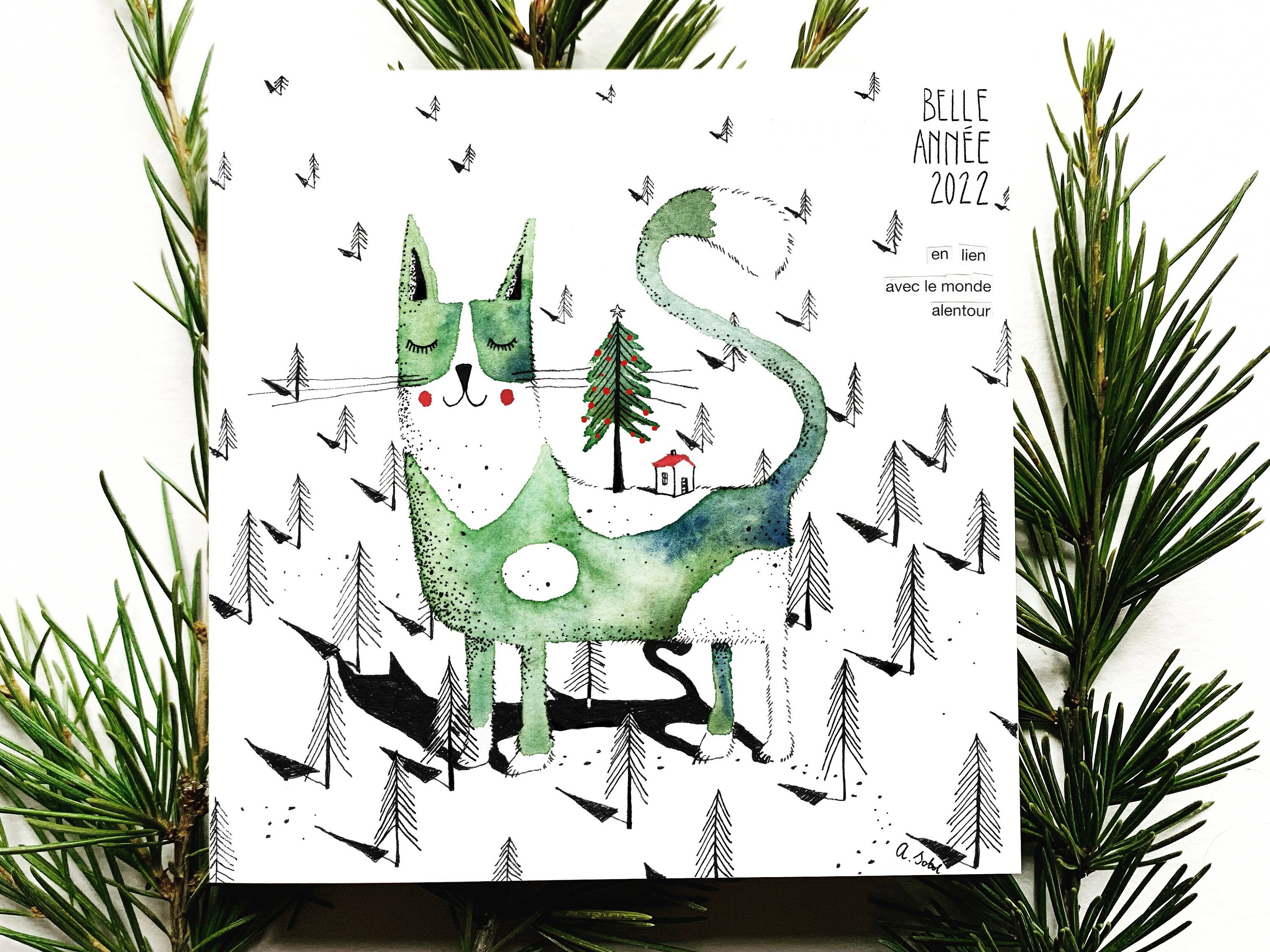 Carte De Voeux Chat Vert Nouvel An 22 Etsy Uk
