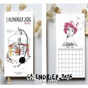 Peut inclure: Calendrier 2026 avec deux pages. L'une présente un dessin d'une ville dans un récipient, l'autre une grille de calendrier pour avril avec une illustration de visage. Le texte "CALENDRIER 2026" est visible sur le calendrier.