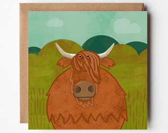 Highland Cow Card, Scotland, Cow Greeting Card, Illustrated Greeting Card