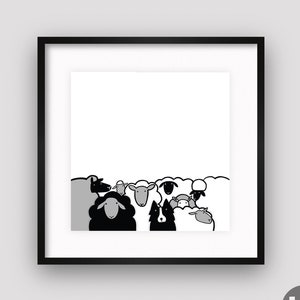 Op de afbeelding: Zwart-witte illustratie van een groep schapen en een hond. De schapen zijn allemaal verschillend van grootte en vorm, en de hond staat voor hen. De illustratie is in een eenvoudige, cartoonachtige stijl.