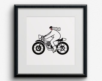 Biker Girl Art Print, Motorbike, Cafe Racer, Female Biker Art Print, Biker Wall art