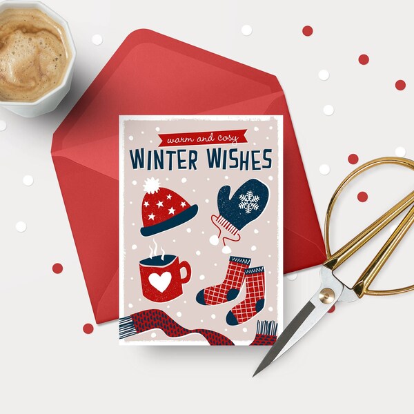 Christmas card / warm winter wishes / Scandinavian Christmas cards / warm and cosy / winter woollies / hygge / red and blue