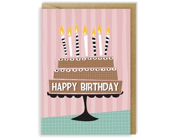 Happy Birthday card / pink birthday cake / for her / for him / illustrated card