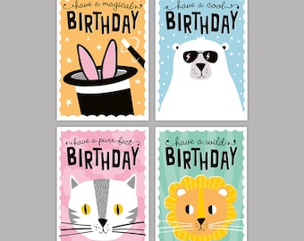 Pack de cartes d'anniversaire pour enfants / cartes de fête pour enfants / Carte d'anniversaire pour enfants / Illustration animale mignonne / Joyeux anniversaire / pack de cartes de voeux