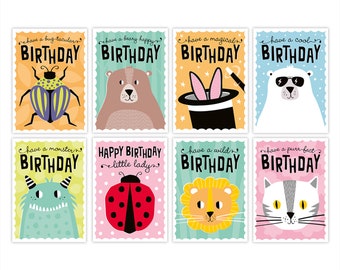 Kids Birthday Card Pack: Set of 8 Cute Colourful Animal Designs for children