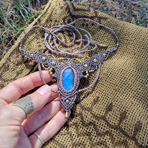 Labradorite Necklace, with purple toned threads and brass beads, Knotted Macrame Style