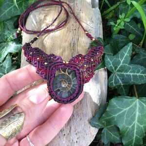 Handmade Ammonite Fossil Necklace · Spiral Stone Natural Pendant · Boho Earthy Necklace · Macrame Style Woven Jewelry