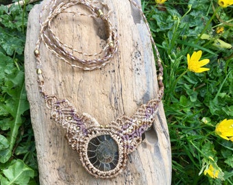 Ammonite Fossil Necklace knotted with light toned threads and small brass beads | Macrame Style