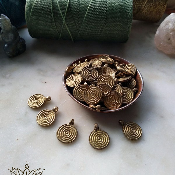 Brass Charms, Indian Circle Swirl Pendants for Macrame, Jewellery Making Choose quantity 3, 5 or 10s.