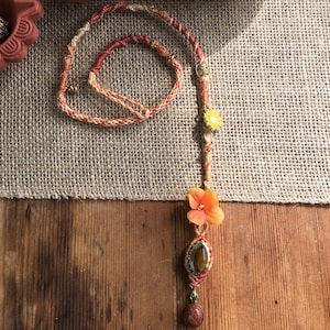 Handmade Macrame Hair Wrap · Sunset Tones Boho Hair Accessory · Festival Dreadlock or Clip-in Wrap · Flower Gemstone Hair Jewellery