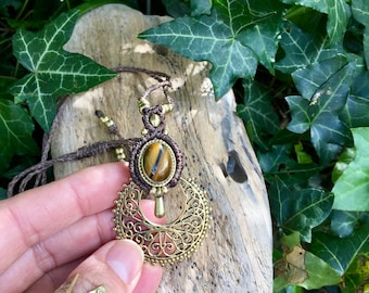 Brown Gemstone Necklace, Tiger Eye Macrame Pendant with a brass filigree charm · Earthy Hippie Style Jewelry