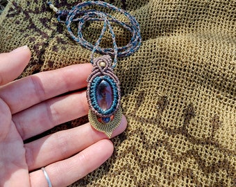 Smoky Quartz Macrame Pendant | Necklace with earthy contrasting threads and an ethnic style brass charm with lapis lazuli