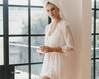 Lace Trim Robe Including Slip / Lace Bridal Robe / Bridesmaid Robes / Robe / Bridal Robe / Bride Robe / Bridal Party Robes / AVA