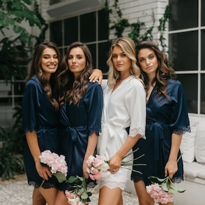 Personalised Bridesmaid and Bridal Robe With Lace Trim by Le Rose, Navy and White Josie Robe