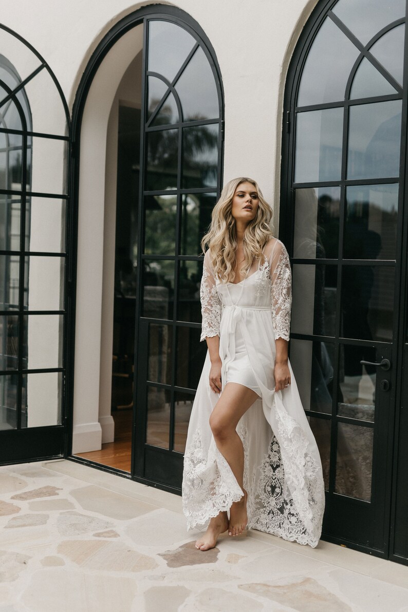 Lace Trim Maxi Lace Bridal Robe Bridesmaid Robes Robe Bridal Robe Bride Robe Bridal Party Robes INAYA