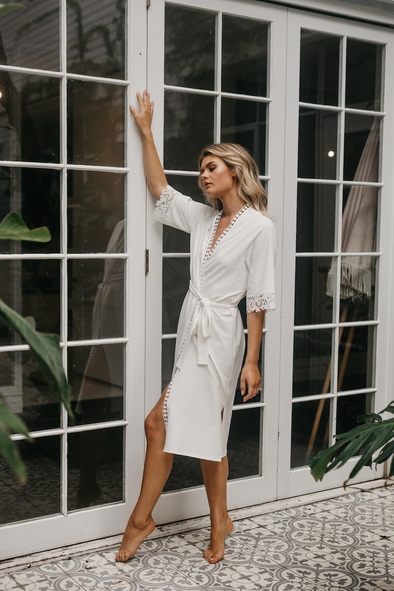 Midi Bridesmaid Robe / Cotton Bridesmaid Robe / Bridal Robe / Jersey Bridesmaid Robe / Jersey Robe / Midi Length Robe VALERIE White