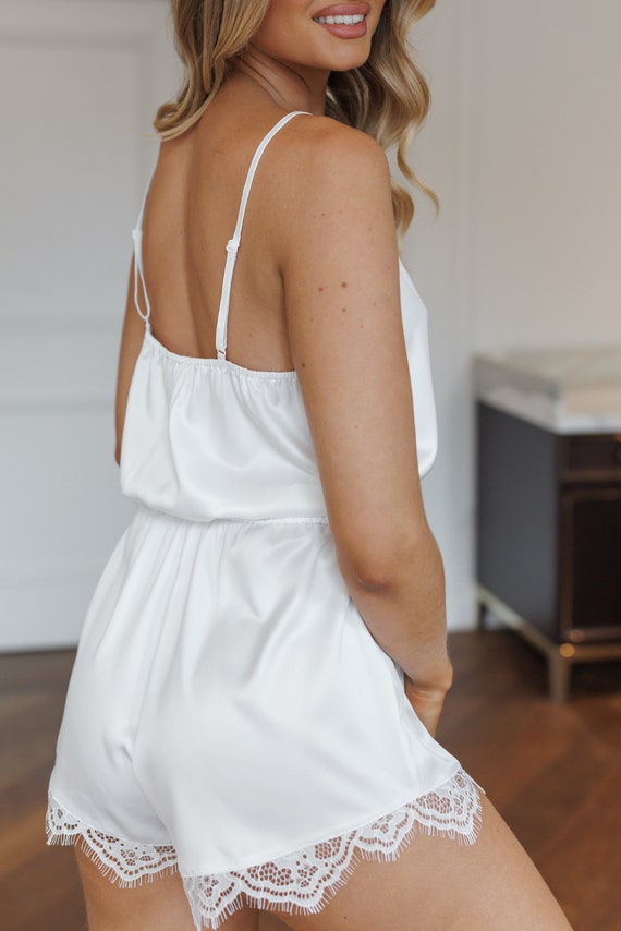 Playsuit Bride Wedding Bridal Gift Bridal Romper Bridal Party pjs Honeymoon Lace Romper Ruelle Lace Trim Bridal Playsuit