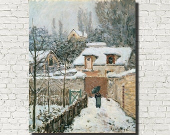 ルーヴシエンヌの雪 - アルフレッド・シスレーの手描き油絵複製、冬の
