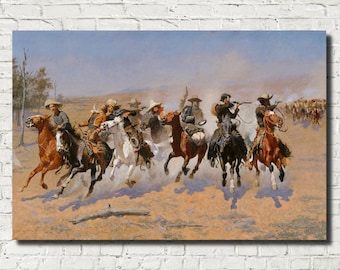 Cowboys Painting, Frederic Remington, A Dash for the Timber, Wild West Landscape, Horse Riders in Western Landscape