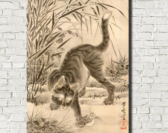 Kawanabe Kyosai, Japanese Fine Art Print, Cat Catching Frog