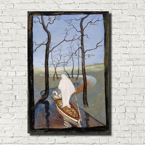 May include: A painting showing a figure in white robes in a boat on a river, with bare trees against a light blue sky. The artwork is framed in a dark wooden frame and mounted on a white brick wall.