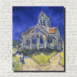May include: A canvas print of a painting depicting a church under a dark blue sky. The church has a tall steeple and is painted in shades of gray, blue, and orange. A person walks along a path in the foreground. The style is reminiscent of Van Gogh.