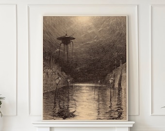 Illustrazione della Guerra dei Mondi, Macchina marziana sul Tamigi, Henrique Alvim Corrêa