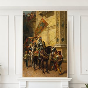 May include: An oil painting of a historical procession featuring figures in armour on horseback, with banners and spectators, is displayed above a fireplace. The artwork is framed in a living room with green velvet armchairs and a glass coffee table.