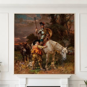 May include: A framed painting of a knight on a white horse, accompanied by a young boy and a donkey. The artwork is set against a sunset and trees. The painting hangs above a fireplace in a contemporary living room.