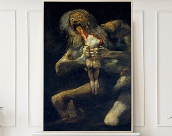 May include: A painting of a monstrous figure with a large mouth, holding a smaller figure in its hands. The painting is set against a dark background and is framed in a simple, white frame.