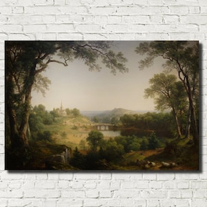 K&ouml;nnte beinhalten: Ein Gem&auml;lde, das eine pastorale Landschaft mit einer Br&uuml;cke &uuml;ber einen Fluss, eine Kirche in der Ferne und B&auml;ume im Vordergrund zeigt.