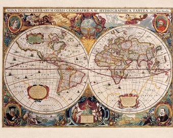 World Map Double Hemisphere Illustrated Reproduction Henricus Hondius c 1630