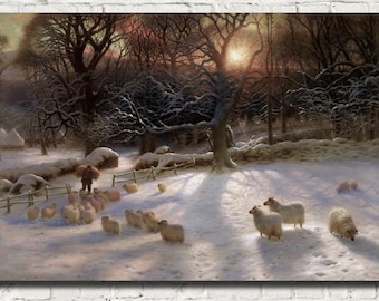 Il giorno d'inverno che si accorcia, stampa artistica di Joseph Farquharson, tramonto del paesaggio invernale