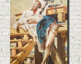 May include: A framed print of a historical painting depicting a scene of suffering. The artwork features figures in classical attire, with a focus on a central figure. The color palette includes muted tones of brown, blue, and white, creating a somber atmosphere.