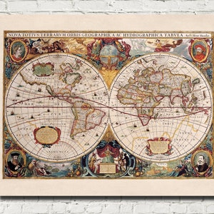 World Map Double Hemisphere Illustrated Reproduction Henricus Hondius c 1630