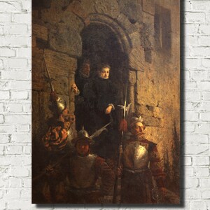 May include: A framed painting depicting a historical scene. The artwork shows figures in period clothing, including soldiers in armor and a person in a dark robe, standing near an arched doorway. The color palette is dominated by warm, earthy tones.