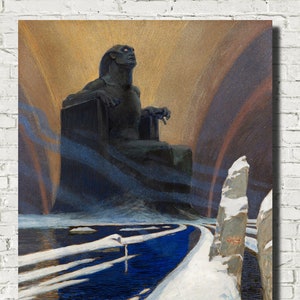 May include: A canvas print of a fantasy landscape featuring a dark, seated figure on a throne. The artwork has a dramatic color palette with blues, golds, and whites, depicting a snowy path and a celestial background. The overall theme is mythical.
