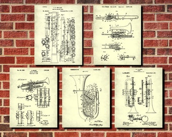 Music Wall Art, Set 5 Orchestral Instruments Patent Prints