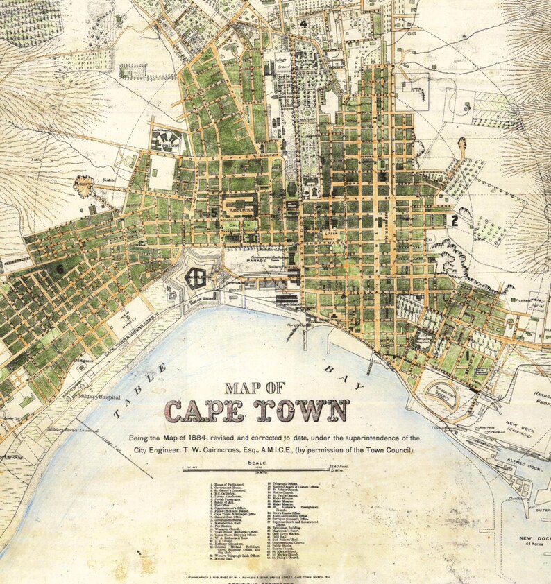 Cape Town Map Vintage South African Atlas Poster 1884 Etsy