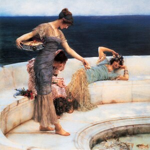 May include: A classical painting depicts three women on a white stone terrace overlooking the sea. One woman, in a flowing gray dress, offers something from a basket to another woman reclining in a blue dress. A small fountain with fish is in the foreground.
