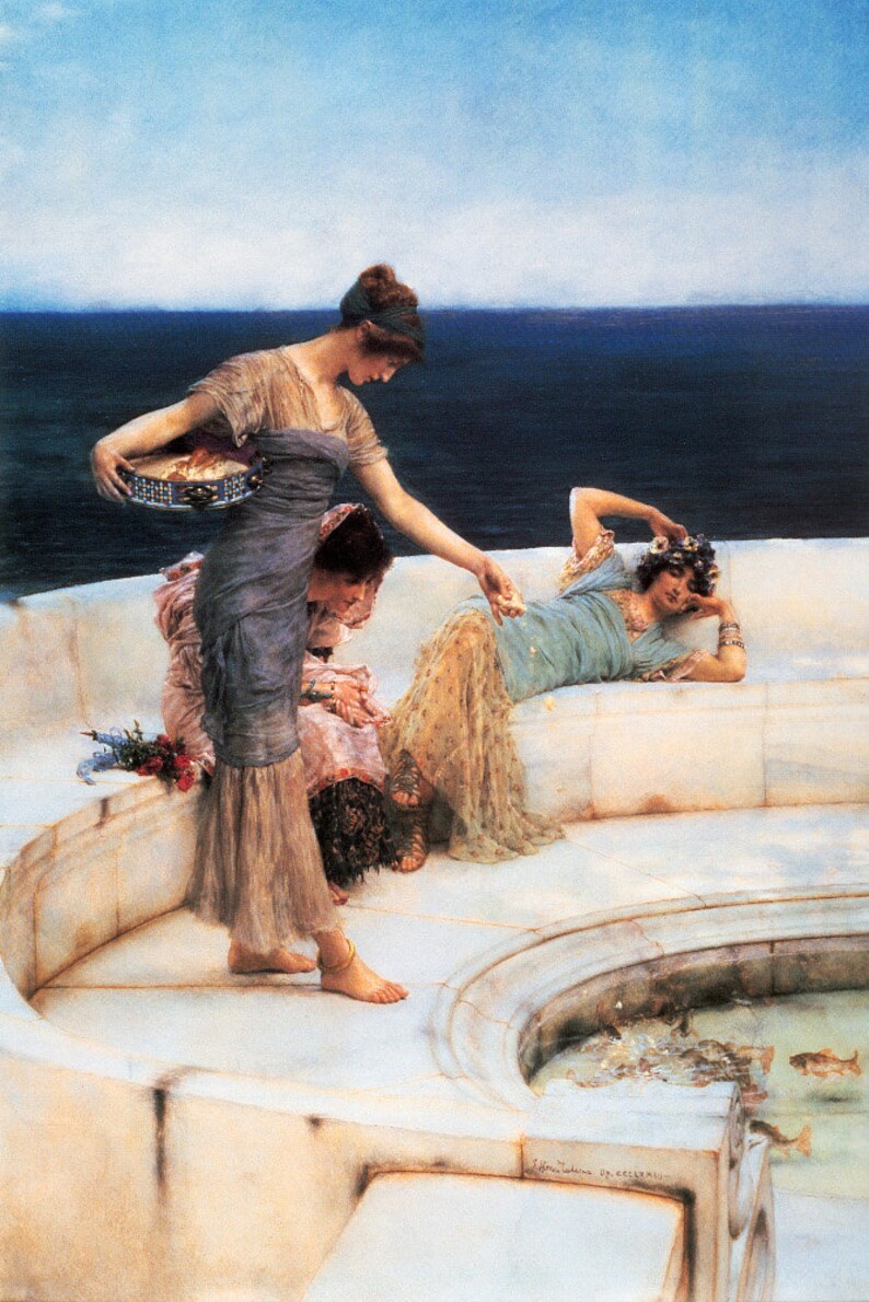 May include: A classical painting depicts three women on a white stone terrace overlooking the sea. One woman, in a flowing gray dress, offers something from a basket to another woman reclining in a blue dress. A small fountain with fish is in the foreground.