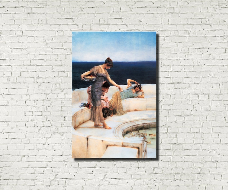 May include: A canvas print of a classical painting depicting three women on a white stone terrace. One woman stands, holding a basket, while another reclines. The background shows a blue sea and sky.