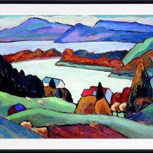 Pu&ograve; includere: Dipinto di paesaggio astratto con cornice nera. L'opera presenta un lago circondato da colline e montagne colorate nelle tonalit&agrave; del blu, verde e arancione. Sono visibili piccole case con tetti rossi e blu.