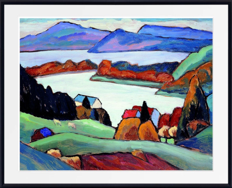 Pu&ograve; includere: Dipinto di paesaggio astratto con cornice nera. L'opera presenta un lago circondato da colline e montagne colorate nelle tonalit&agrave; del blu, verde e arancione. Sono visibili piccole case con tetti rossi e blu.